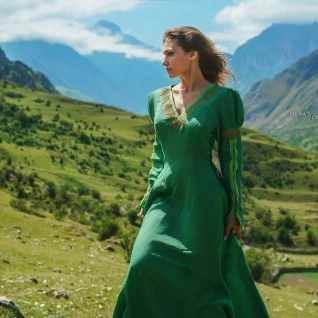 Средневековое льняное зеленое эльфийское платье