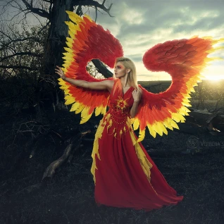 Женский костюм платье феникса с большими перьевыми крыльями
