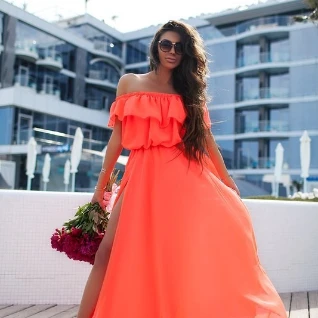 Летнее платье в пол длинное коралловое шифоновое