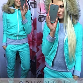 Мятный женский спортивный костюм зимний тройка жилет + свитшот + штаны