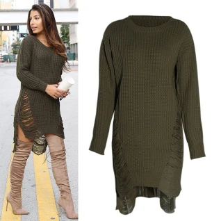 Платье свитер хаки зеленый рваный женский вязаный теплый мини короткий