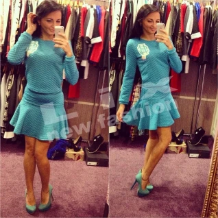 Костюм голубой юбка кофта мини клеш короткий женский