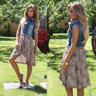 Платье джинсовое леопардовое женское асимметричное короткое длинное без рукавов летнее со шлейфом