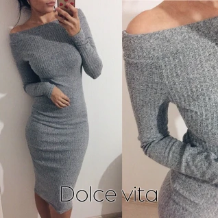 Серое платье свитер миди до колена женское теплое вязаное