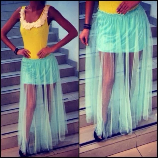 Юбка длинная в пол сетка мятная розовая