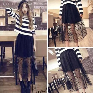 Длинная юбка черная в горошек сеткой