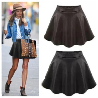 Юбка клеш мини кожаная коричневая