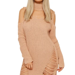 Рваный свитер платье розовый