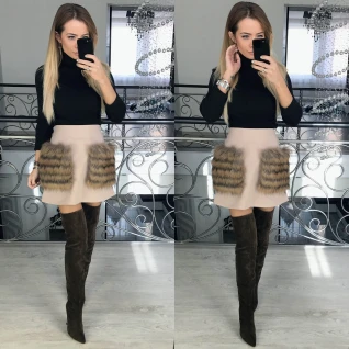 Юбка бежевая с меховыми карманами женская