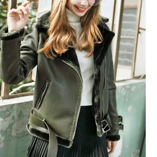 Куртка дубленка хаки зеленая женская под кожу