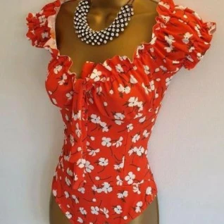 Женский боди топ красный коралловый цветочный