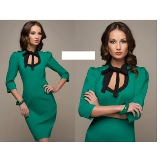 Зеленое платье миди до колена с черным бантом