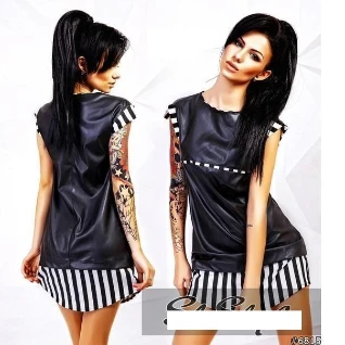 Платье кожаное полосатое черное женское