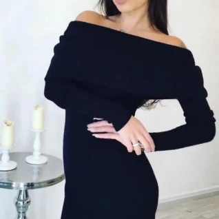 Теплое платье вязаное черное шерстяное