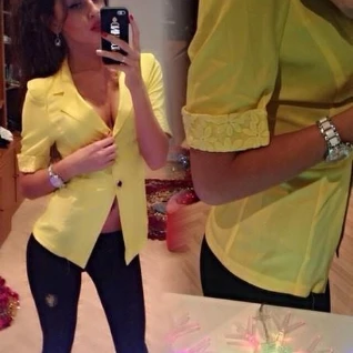 Женский желтый пиджак блейзер кружевной