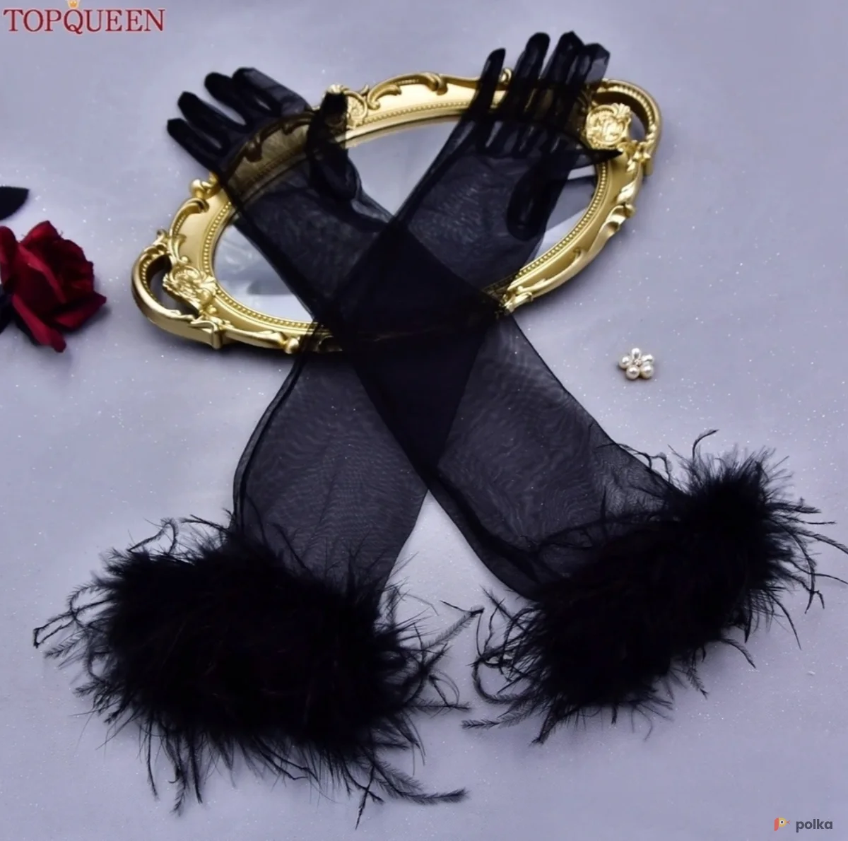 Возьмите Перчатки прозрачные чёрные с перьями напрокат (Фото 1) В Туле