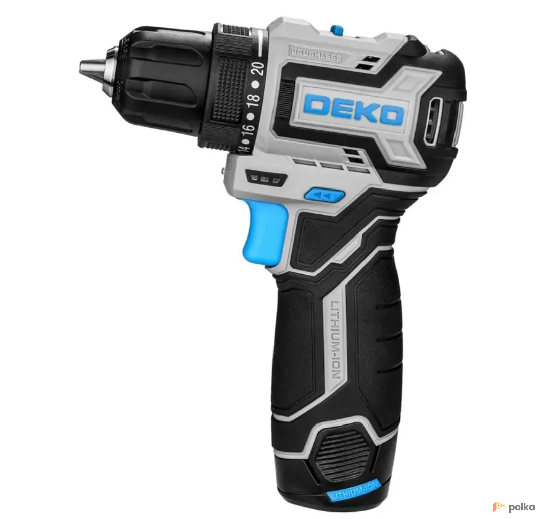 Возьмите Дрель-шуруповерт аккумуляторная бесщеточная Deko SHARKER12VPRO, 12 В Li-ion 2x2 Ач напрокат (Фото 1) в Москве