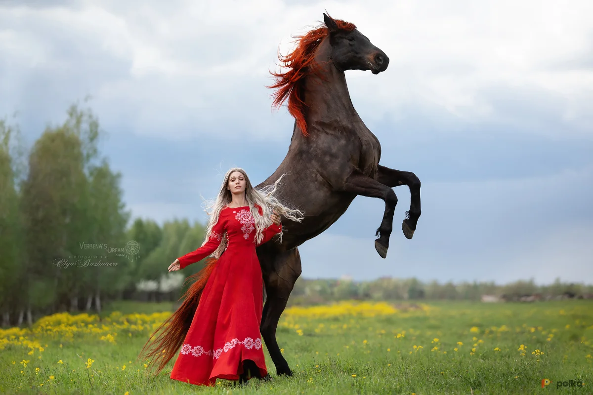 Возьмите Славянское этническое русское национальное красное льняное платье Лада напрокат (Фото 1) в Москве