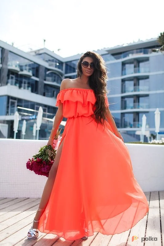 Возьмите Летнее платье в пол длинное коралловое шифоновое напрокат (Фото 1) в Москве