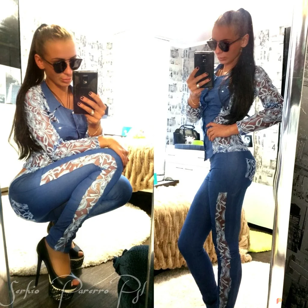 Возьмите Костюм женский под джинсу с кружевом кофта легинсы брючный синий голубой напрокат (Фото 1) в Москве