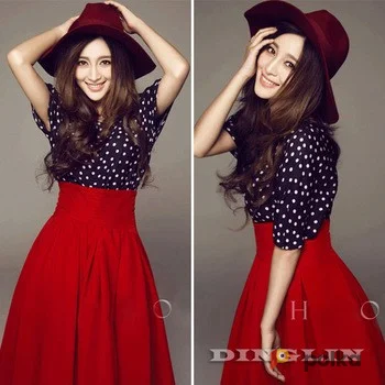 Возьмите Винтажный костюм блузка и юбка в горошек красный черный миди ретро женский винтаж напрокат (Фото 1) в Москве