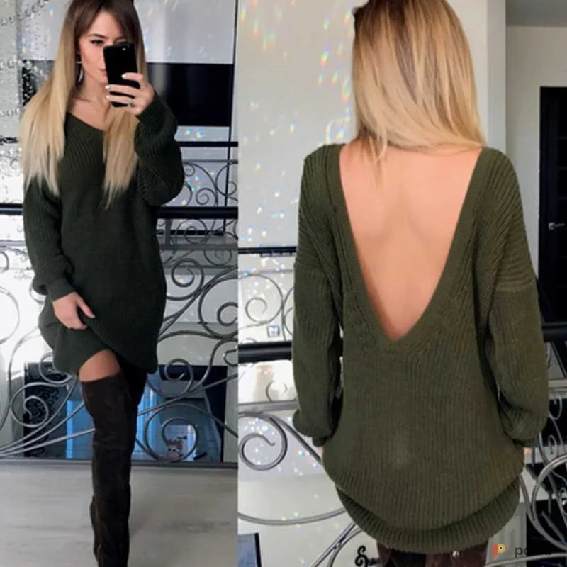 Возьмите Платье свитер хаки с открытой спиной короткое мини миди зеленое с длинным рукавом женское напрокат (Фото 1) в Москве