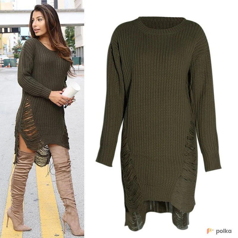 Возьмите Платье свитер хаки зеленый рваный женский вязаный теплый мини короткий напрокат (Фото 1) в Москве