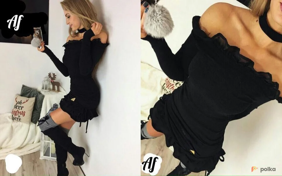 Возьмите Черное мини платье с открытыми плечами из ангоры женское короткое теплое вязаное зимнее весеннее осеннее напрокат (Фото 1) в Москве