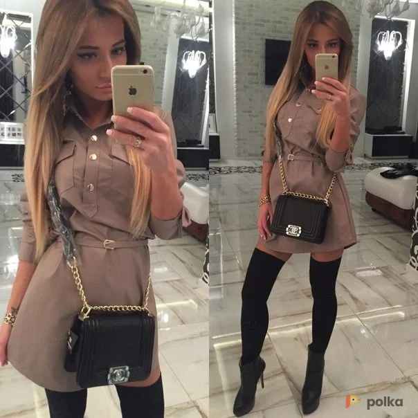 Возьмите Женское кожаное платье бежевое короткое мини на кнопках напрокат (Фото 1) в Москве