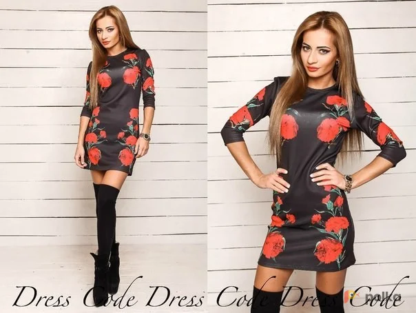 Возьмите Черное мини платье с красными цветами женское короткое с рукавом до локтя цветочное напрокат (Фото 1) в Москве