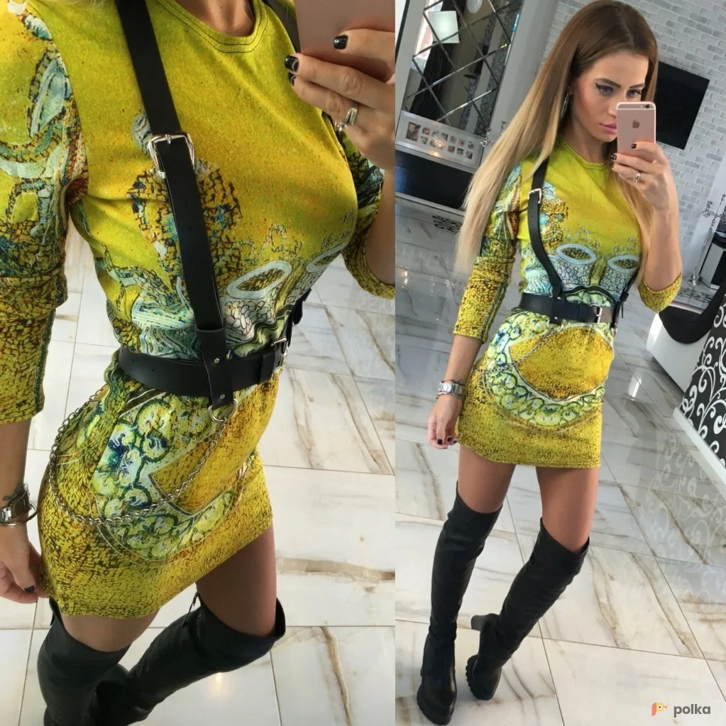 Возьмите Желтое мини платье женское с узором короткое с длинным рукавом напрокат (Фото 1) в Москве