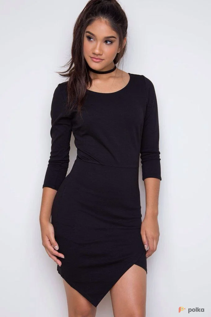 Возьмите Черное мини платье асимметричное короткое женское с длинным рукавом напрокат (Фото 1) в Москве