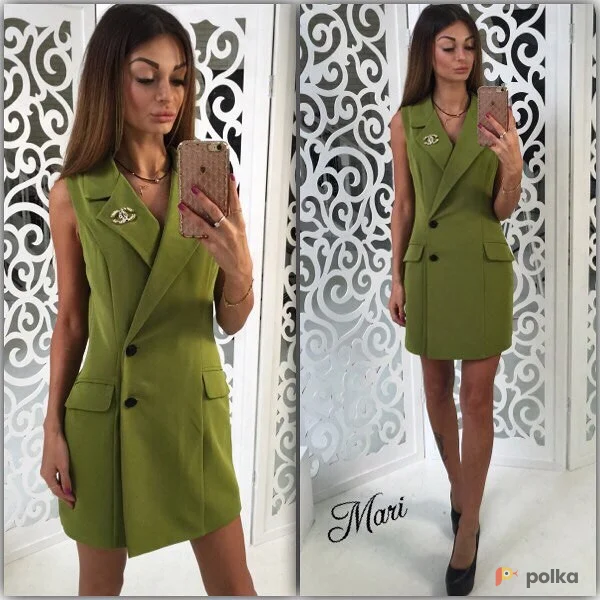 Возьмите Платье пиджак хаки оливковое зеленое мини короткое женское без рукавов напрокат (Фото 1) в Москве