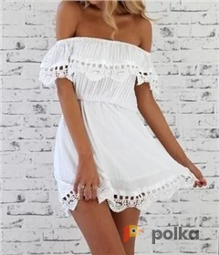Возьмите Белое мини платье с кружевом с открытыми плечами женское короткое мини летнее напрокат (Фото 1) в Москве