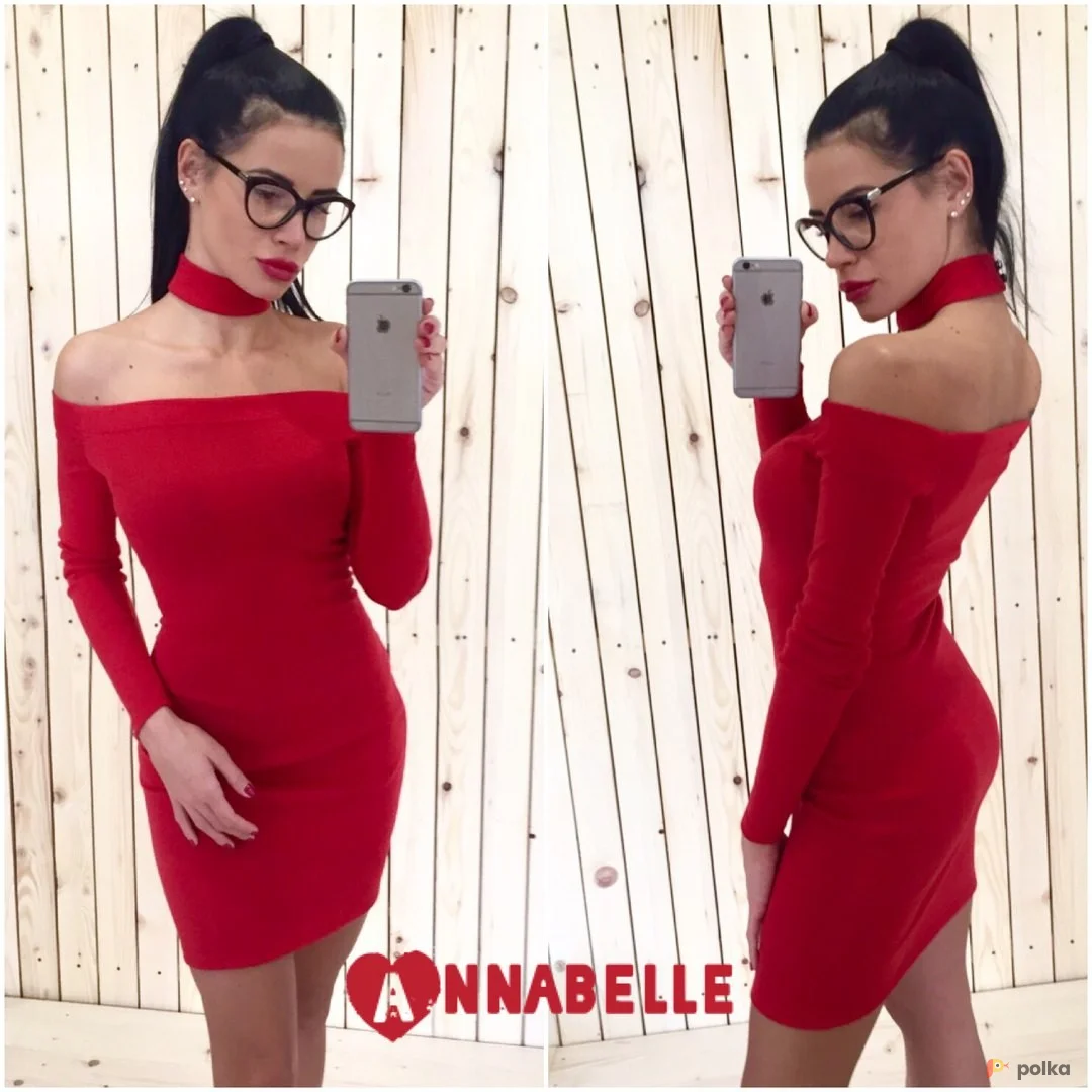 Возьмите Платье с чокером женское красное черное короткое мини с открытыми плечами напрокат (Фото 1) в Москве