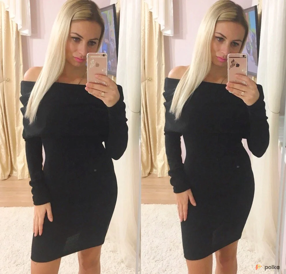 Возьмите Платье свитер черное женское теплое вязаное с открытыми плечами мини короткое зимнее весеннее осеннее напрокат (Фото 1) в Москве