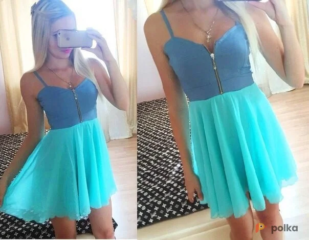 Возьмите Мятное зеленое голубое платье женское короткое клеш напрокат (Фото 1) в Москве