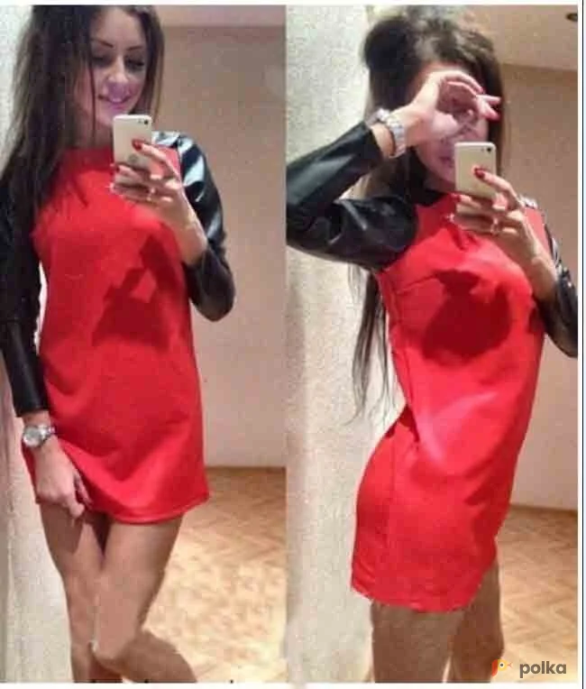 Возьмите Красное платье с кожаными рукавами мини короткое напрокат (Фото 1) в Москве