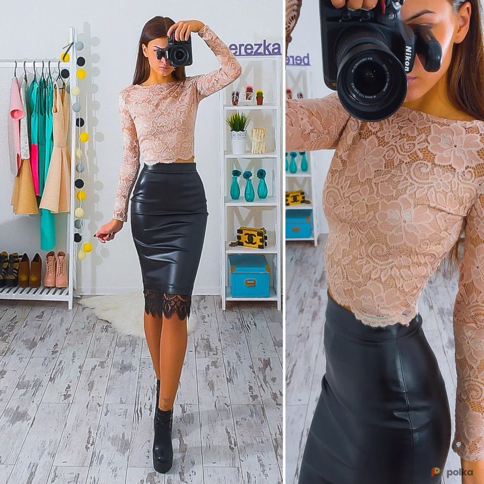 Возьмите Костюм кожаная юбка карандаш миди и кружевной топ напрокат (Фото 1) в Москве