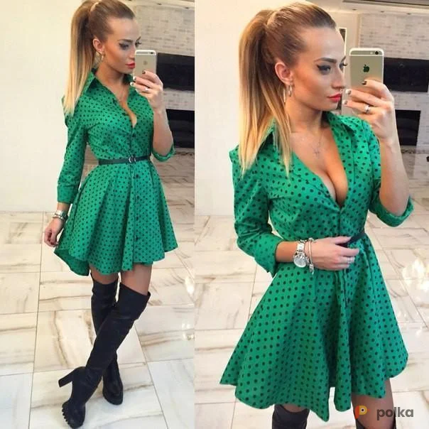Возьмите Платье рубашка зеленое в черный горошек напрокат (Фото 1) в Москве
